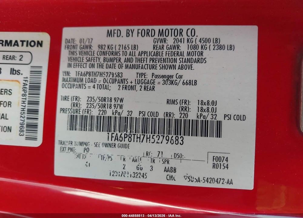 2017 FORD MUSTANG ECOBOOST VIN: 1FA6P8TH7H5279683