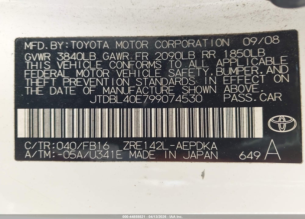 2009 TOYOTA COROLLA LE VIN: JTDBL40E799074530
