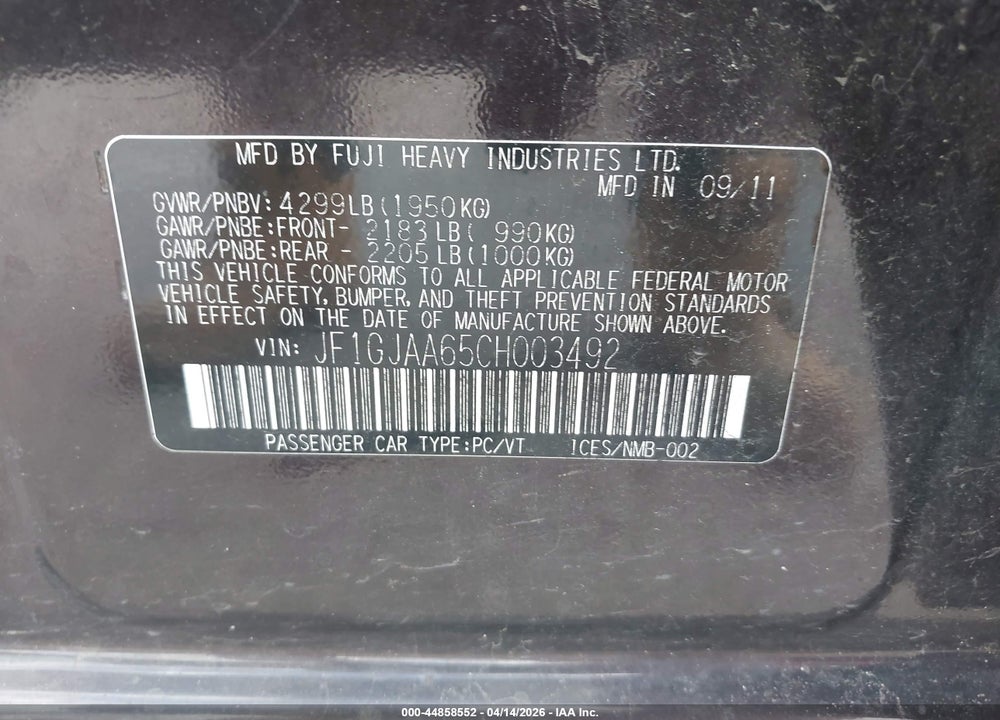 2012 SUBARU IMPREZA 2.0I VIN: JF1GJAA65CH003492