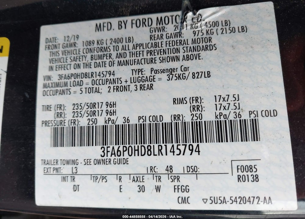 2020 FORD FUSION SE VIN: 3FA6P0HD8LR145794