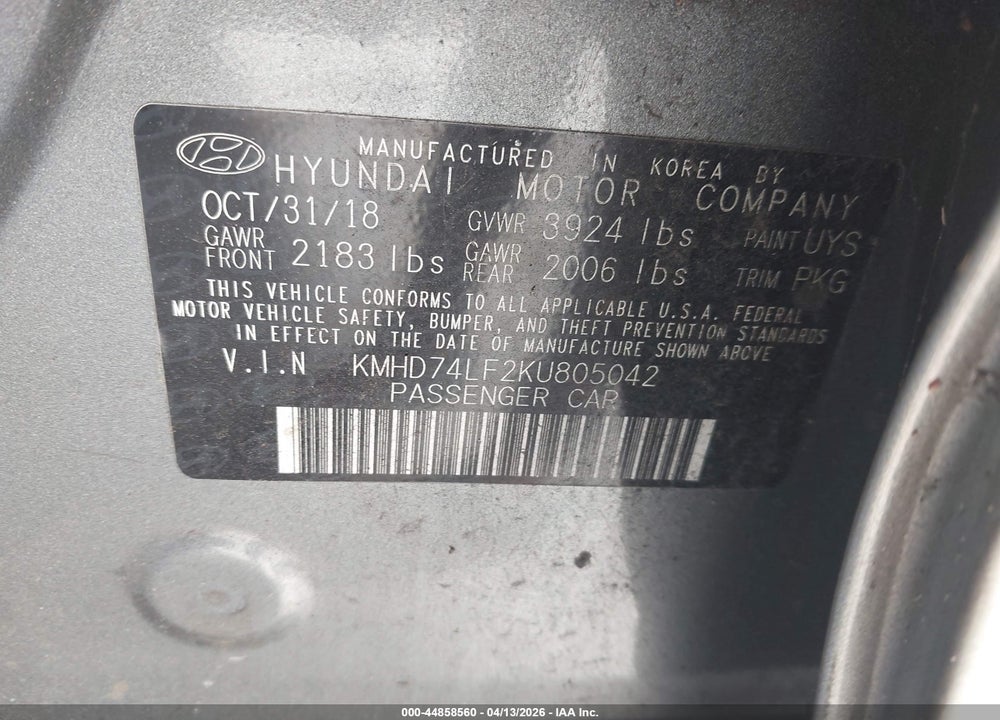 2019 HYUNDAI ELANTRA SE VIN: KMHD74LF2KU805042