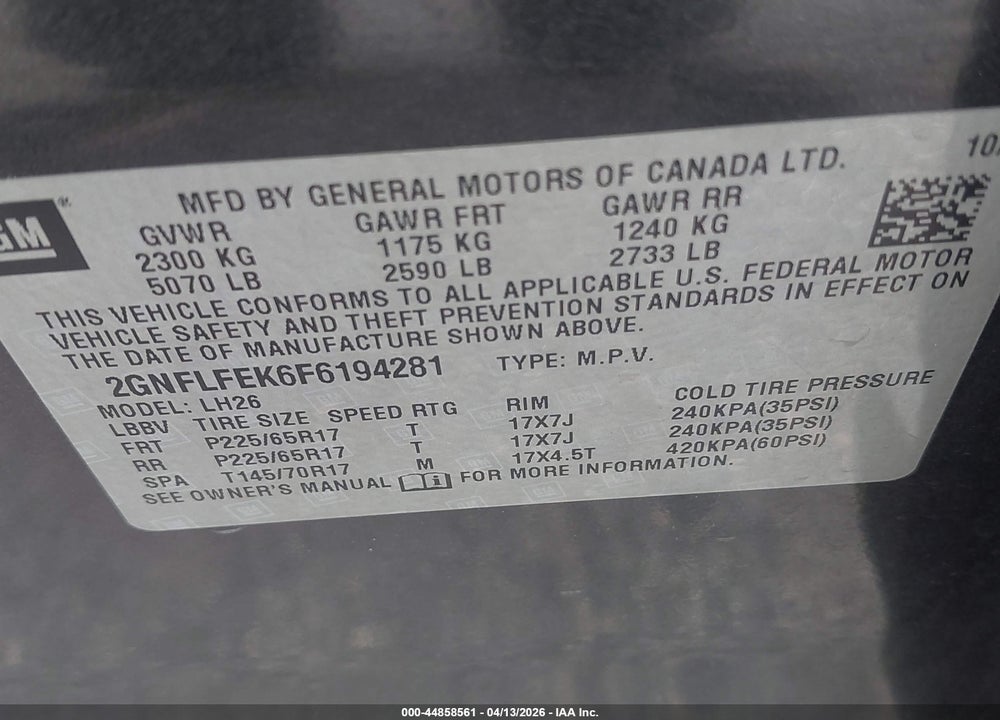 2015 CHEVROLET EQUINOX 1LT VIN: 2GNFLFEK6F6194281