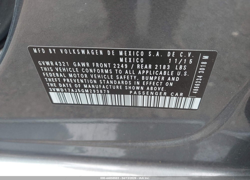 2016 VOLKSWAGEN JETTA 1.8T SPORT VIN: 3VWD17AJ5GM293879