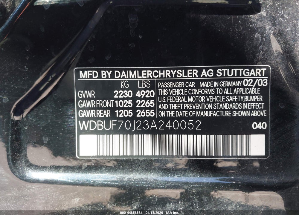 2003 MERCEDES-BENZ E 500 VIN: WDBUF70J23A240052