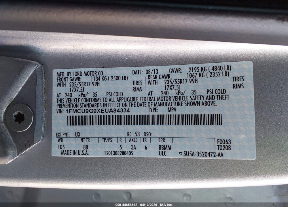 2014 FORD ESCAPE SE VIN: 1FMCU9G9XEUA84334