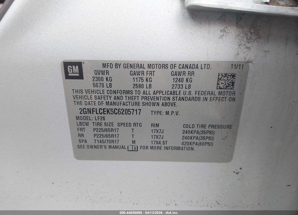 2012 CHEVROLET EQUINOX LS VIN: 2GNFLCEK5C6205717