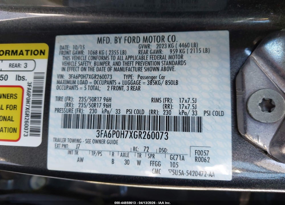 2016 FORD FUSION SE VIN: 3FA6P0H7XGR260073