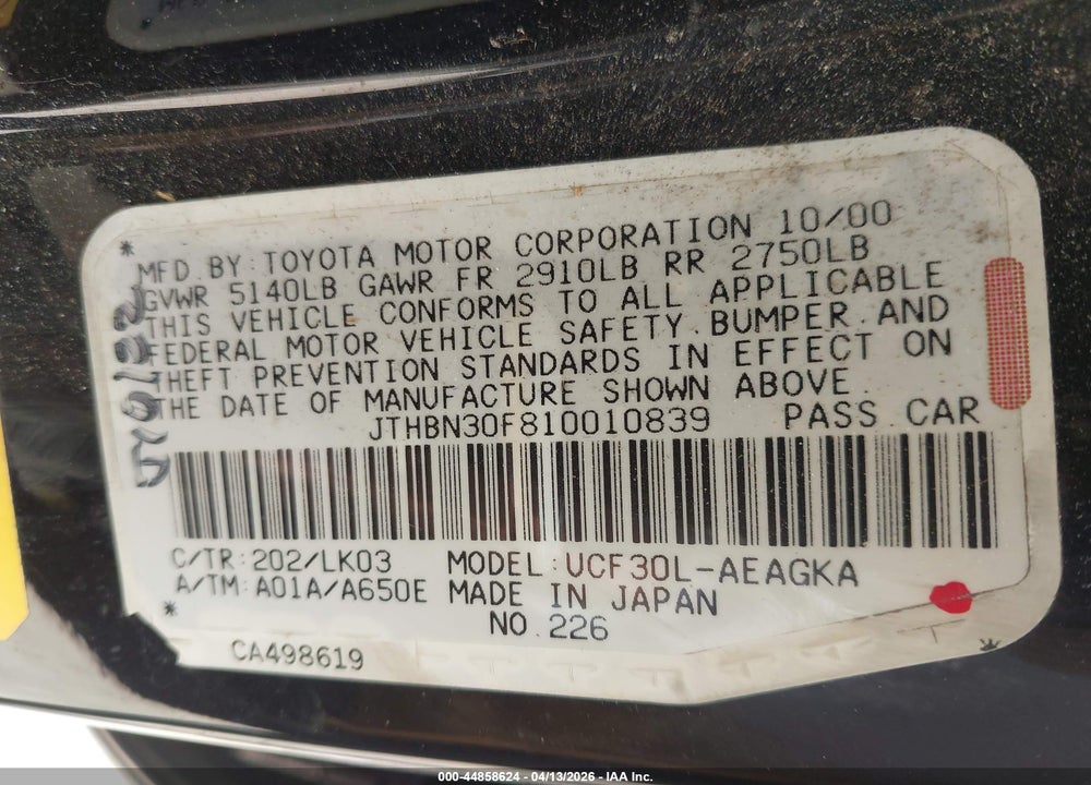 2001 LEXUS LS 430 VIN: JTHBN30F810010839