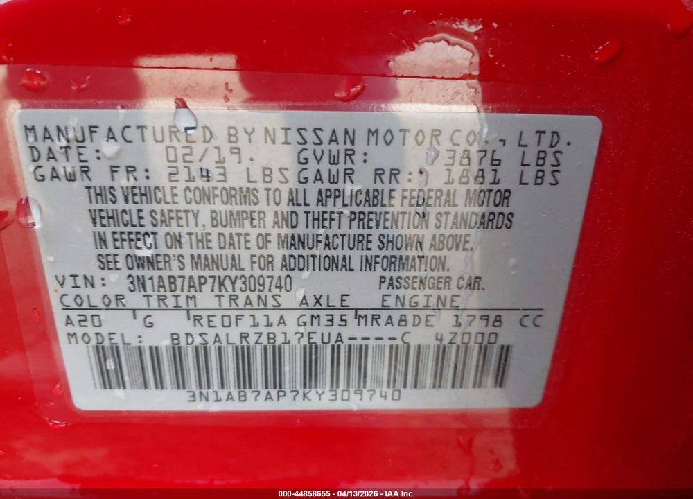 2019 NISSAN SENTRA SR VIN: 3N1AB7AP7KY309740