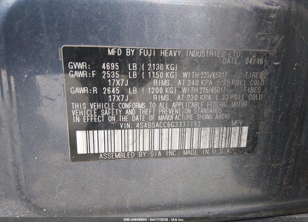 2016 SUBARU OUTBACK 2.5I PREMIUM VIN: 4S4BSACC6G3337193
