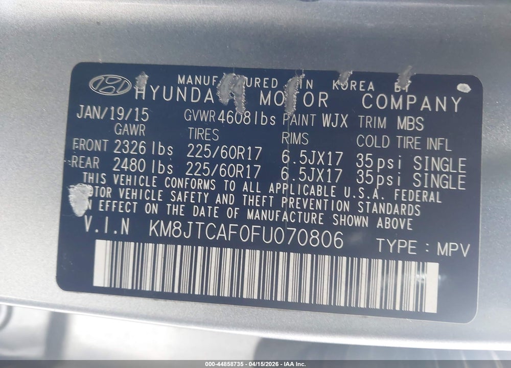 2015 HYUNDAI TUCSON GLS VIN: KM8JTCAF0FU070806