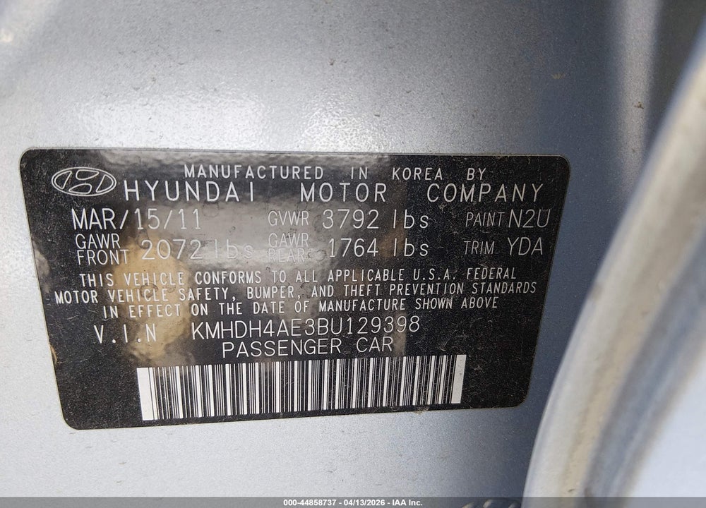 2011 HYUNDAI ELANTRA GLS (ULSAN PLANT) VIN: KMHDH4AE3BU129398