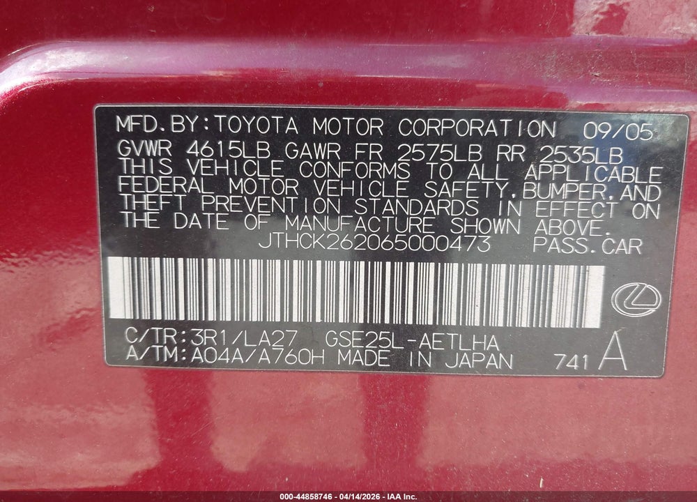 2006 LEXUS IS 250 VIN: JTHCK262065000473