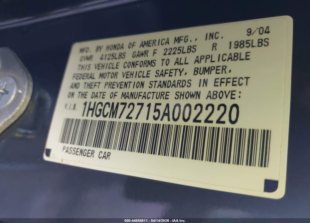 2005 HONDA ACCORD 2.4 EX VIN: 1HGCM72715A002220