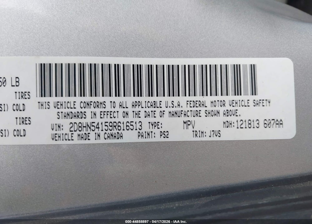 2009 DODGE GRAND CARAVAN SXT VIN: 2D8HN54159R616513