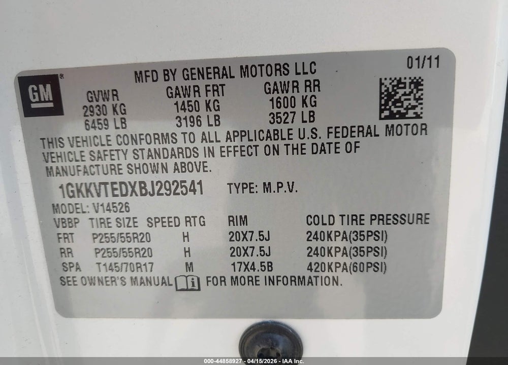 2011 GMC ACADIA DENALI VIN: 1GKKVTEDXBJ292541