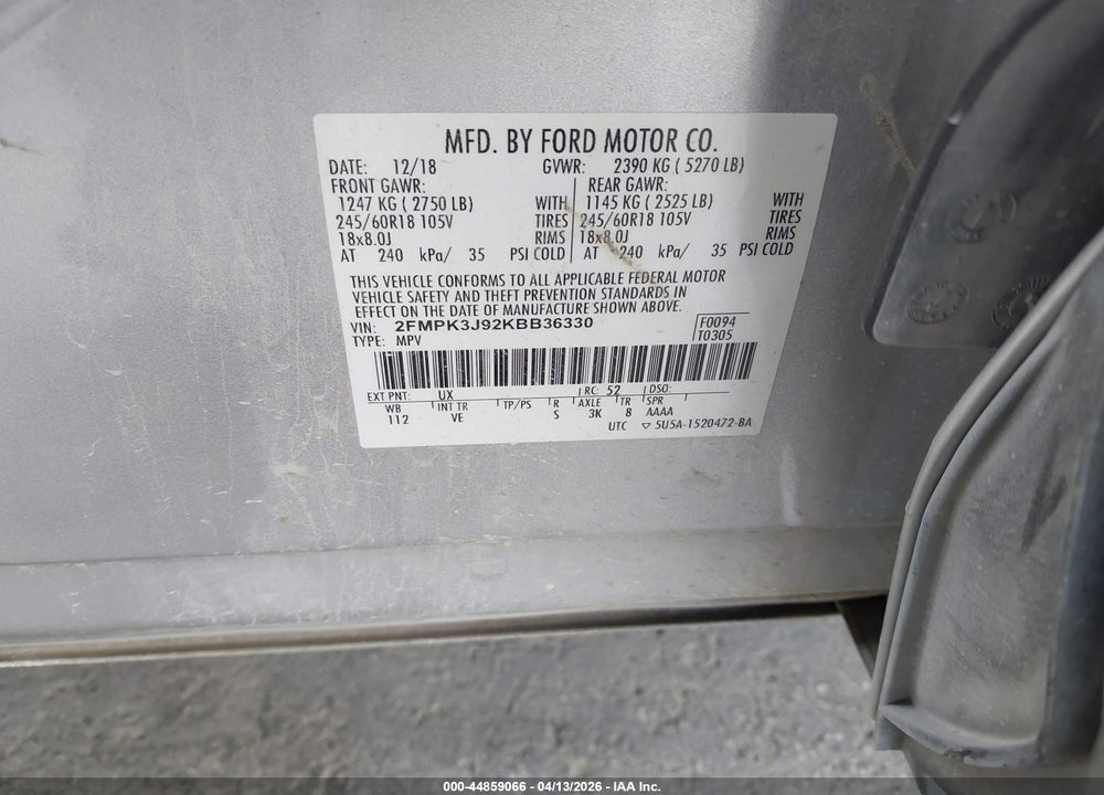 2019 FORD EDGE SEL VIN: 2FMPK3J92KBB36330