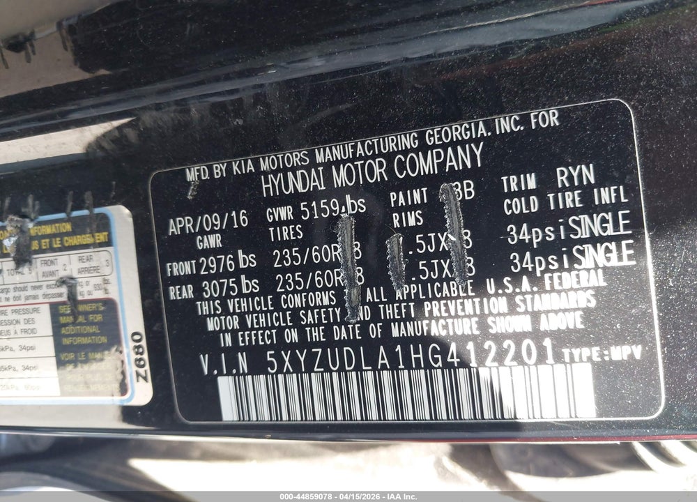 2017 HYUNDAI SANTA FE SPORT 2.0T VIN: 5XYZUDLA1HG412201