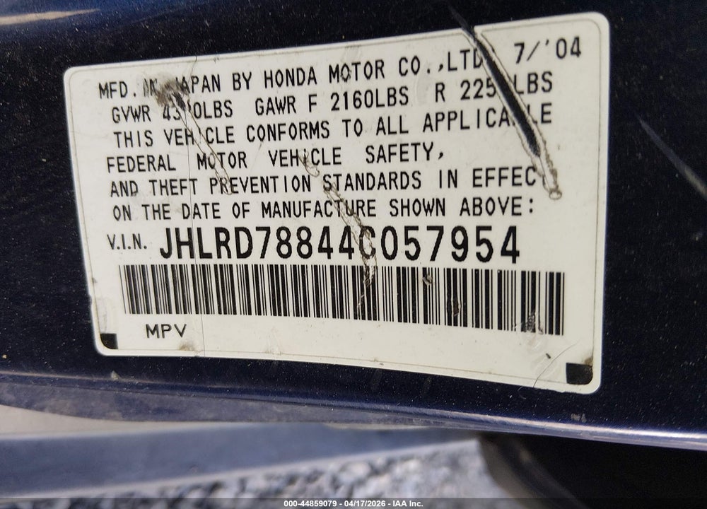 2004 HONDA CR-V EX VIN: JHLRD78844C057954