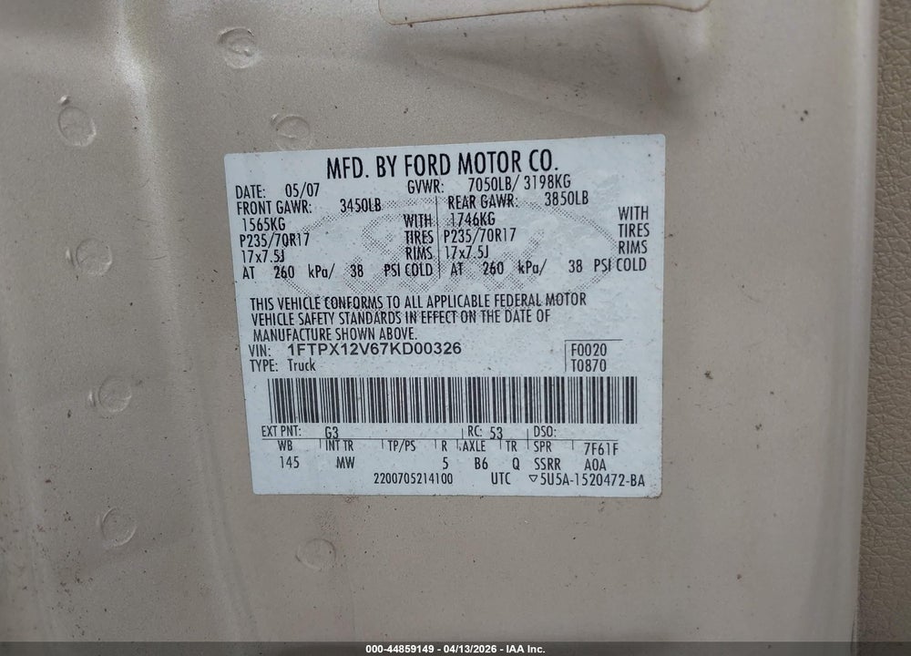 2007 FORD F-150 LARIAT/STX/XL/XLT VIN: 1FTPX12V67KD00326