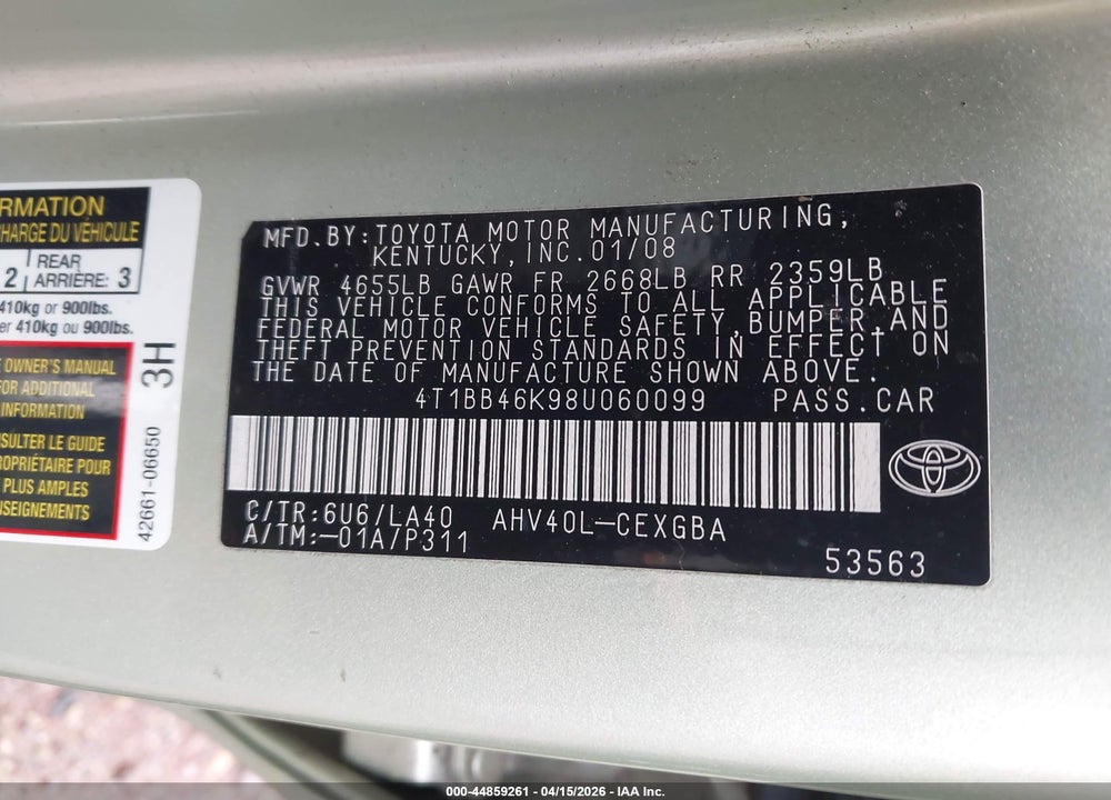 2008 TOYOTA CAMRY HYBRID VIN: 4T1BB46K98U060099