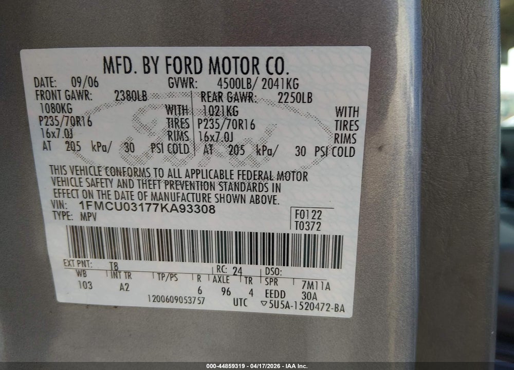 2007 FORD ESCAPE XLT/XLT SPORT VIN: 1FMCU03177KA93308
