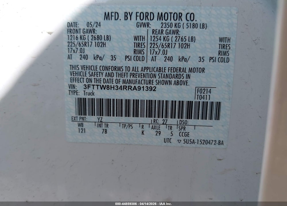 2024 FORD MAVERICK XLT VIN: 3FTTW8H34RRA91392