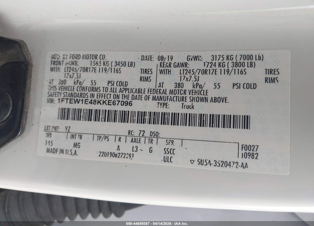 2019 FORD F-150 XLT VIN: 1FTEW1E48KKE67096