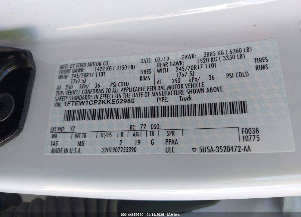 2019 FORD F-150 XLT VIN: 1FTEW1CP2KKE52980