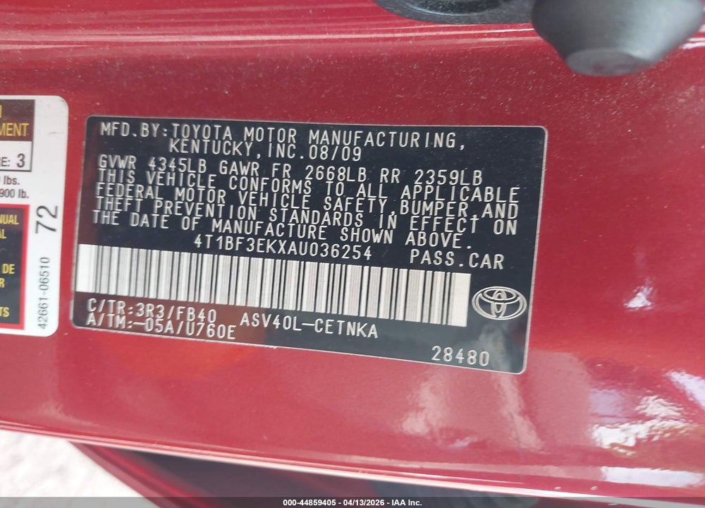 2010 TOYOTA CAMRY LE VIN: 4T1BF3EKXAU036254