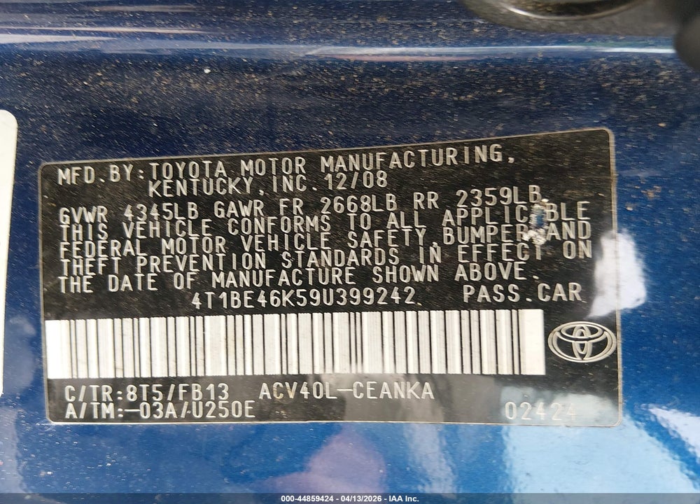 2009 TOYOTA CAMRY LE VIN: 4T1BE46K59U399242