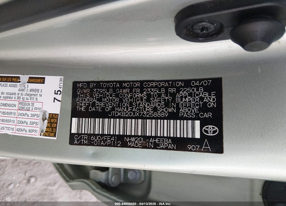 2007 TOYOTA PRIUS VIN: JTDKB20UX73258889