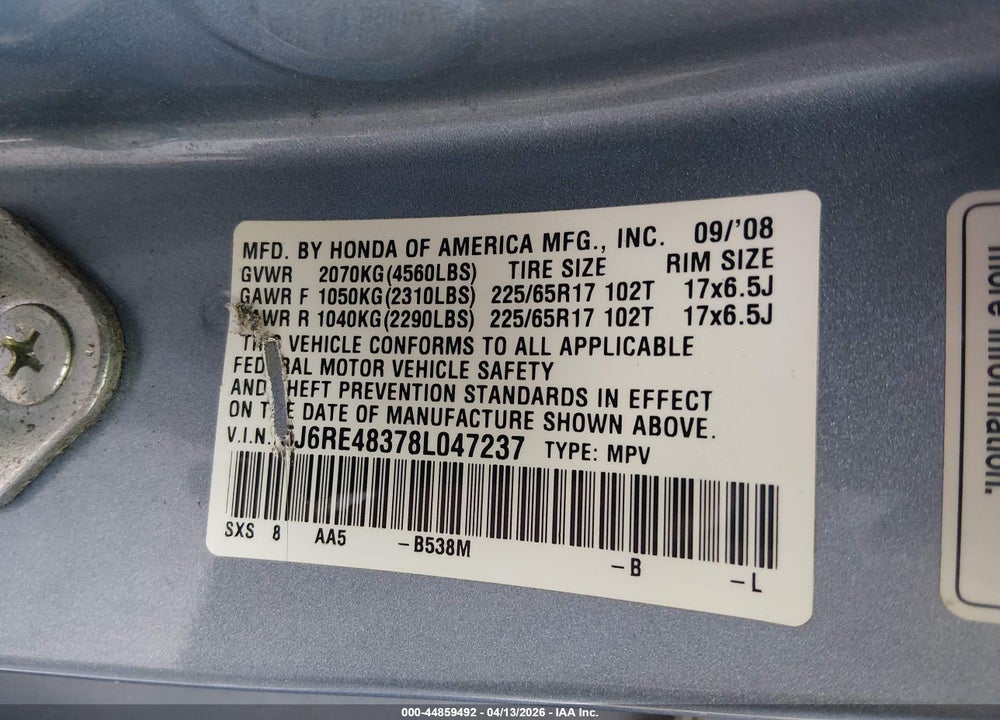 2008 HONDA CR-V LX VIN: 5J6RE48378L047237