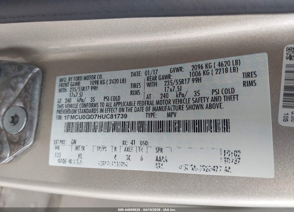 2017 FORD ESCAPE SE VIN: 1FMCU0GD7HUC81739