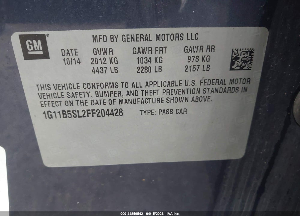 2015 CHEVROLET MALIBU LS VIN: 1G11B5SL2FF204428