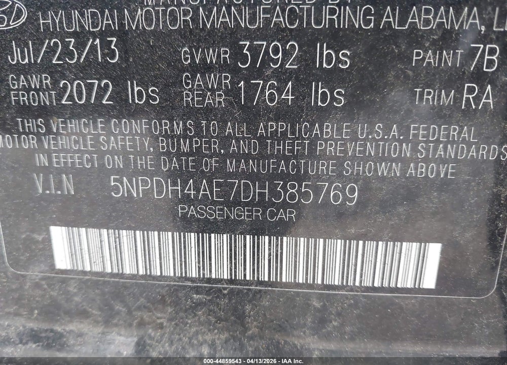 2013 HYUNDAI ELANTRA GLS VIN: 5NPDH4AE7DH385769