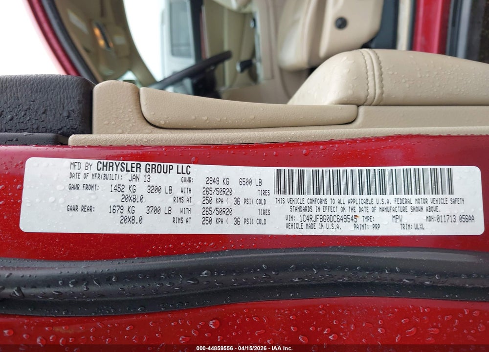 2013 JEEP GRAND CHEROKEE LIMITED VIN: 1C4RJFBG0DC649545