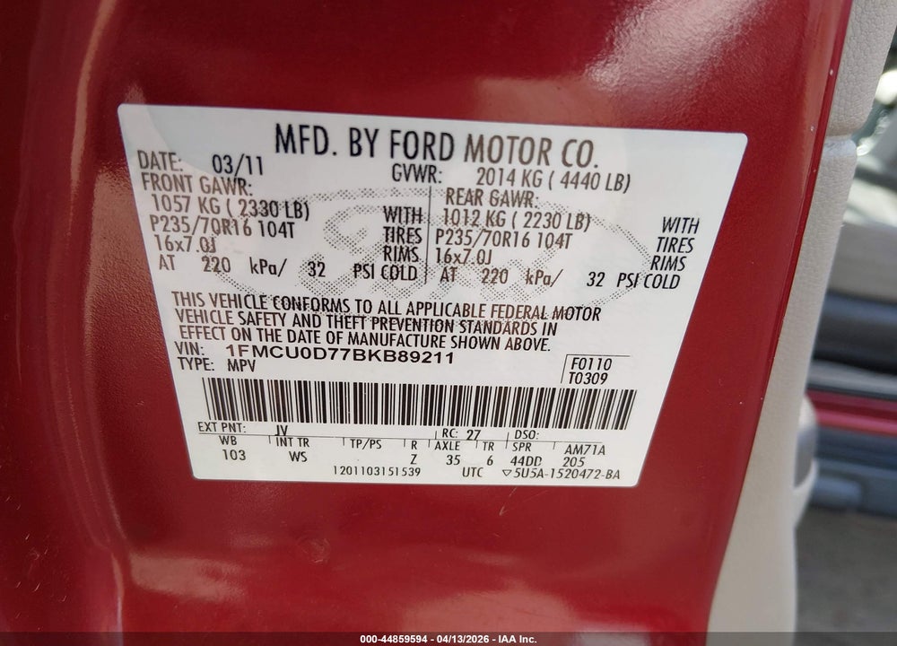2011 FORD ESCAPE XLT VIN: 1FMCU0D77BKB89211
