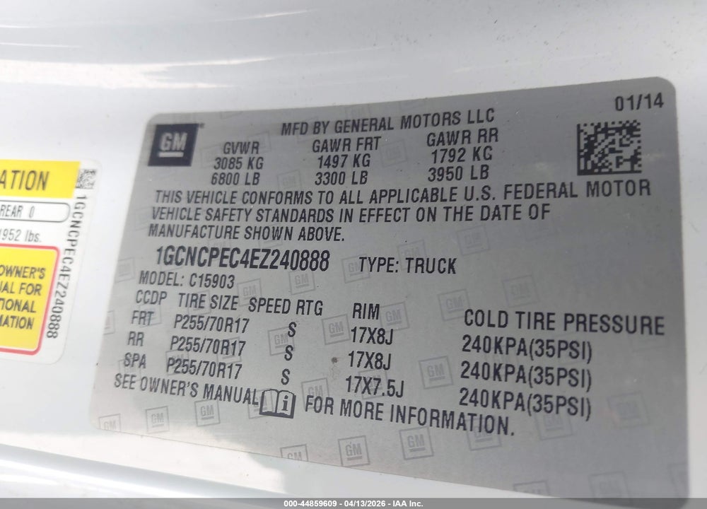 2014 CHEVROLET SILVERADO 1500 WORK TRUCK 1WT VIN: 1GCNCPEC4EZ240888