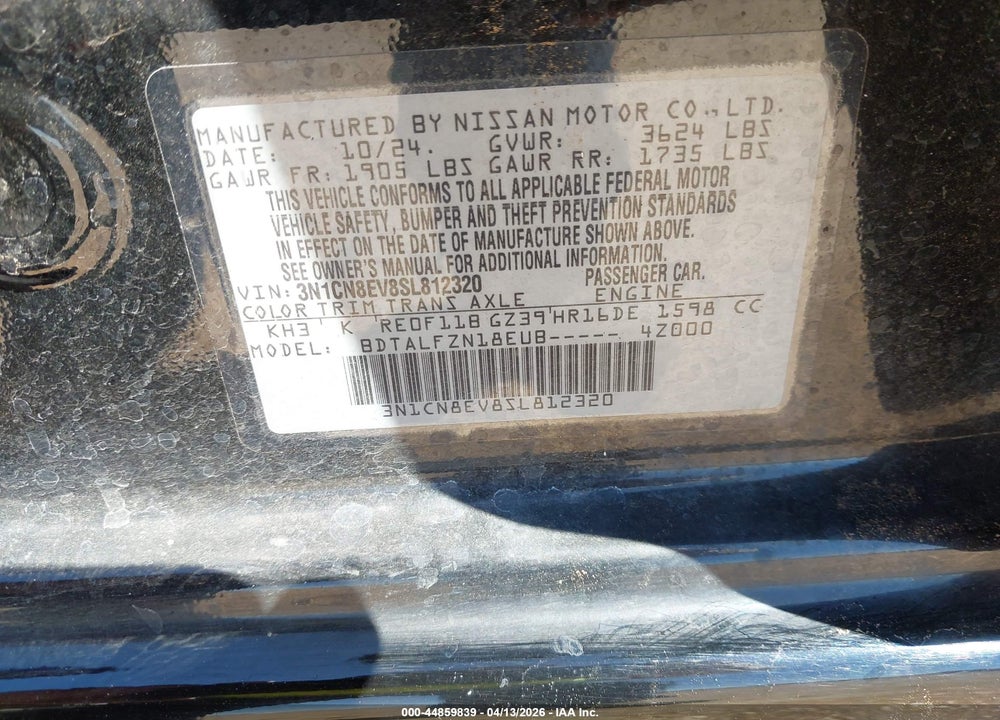 2025 NISSAN VERSA 1.6 SV VIN: 3N1CN8EV8SL812320