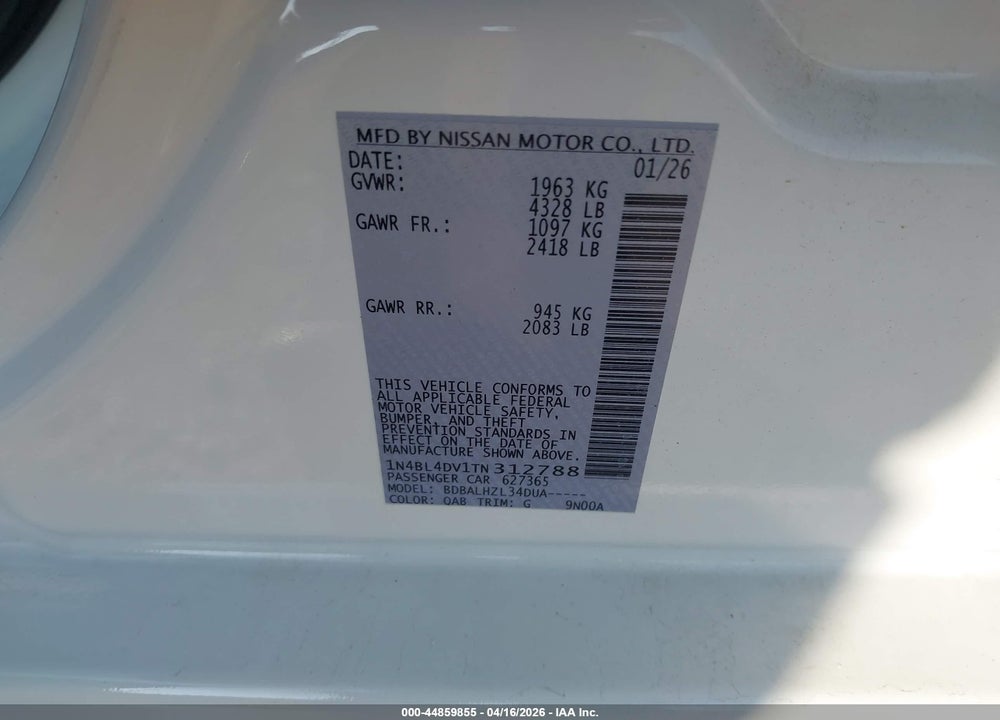 2026 NISSAN ALTIMA SV FWD VIN: 1N4BL4DV1TN312788