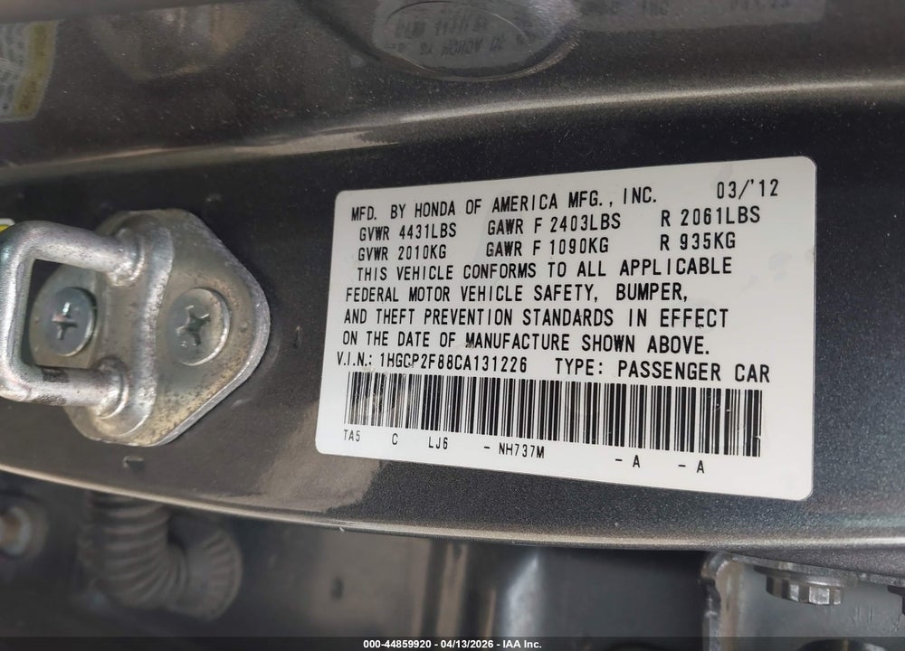 2012 HONDA ACCORD 2.4 EX-L VIN: 1HGCP2F88CA131226
