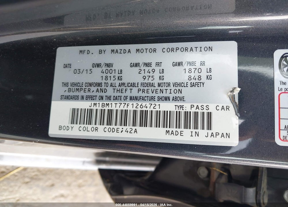 2015 MAZDA 3 I SV VIN: JM1BM1T77F1264721