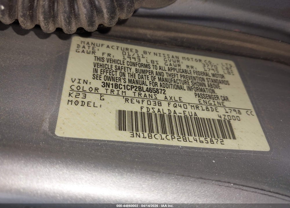 2011 NISSAN VERSA 1.8S VIN: 3N1BC1CP2BL465872