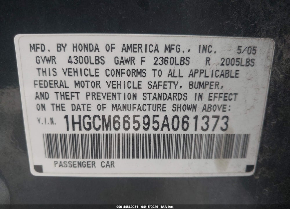 2005 HONDA ACCORD 3.0 EX VIN: 1HGCM66595A061373