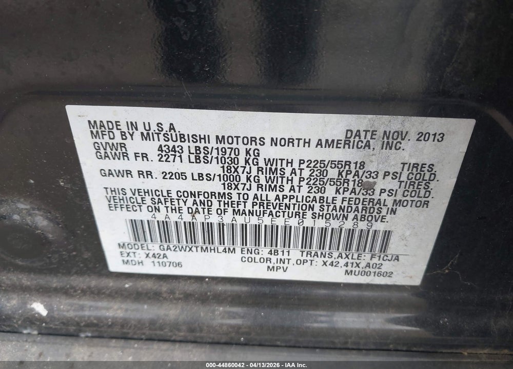 2014 MITSUBISHI OUTLANDER SPORT ES VIN: 4A4AP3AU5EE015289
