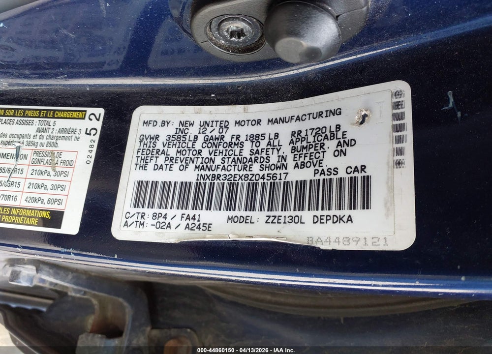 2008 TOYOTA COROLLA CE VIN: 1NXBR32EX8Z045617