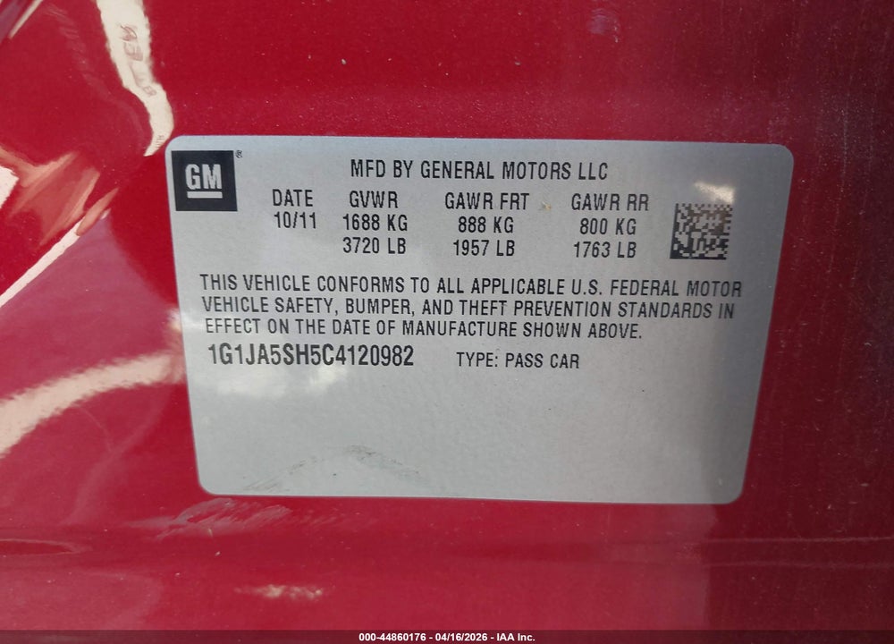 2012 CHEVROLET SONIC 2LS VIN: 1G1JA5SH5C4120982