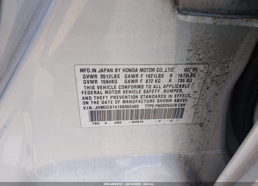 2009 HONDA FIT SPORT VIN: JHMGE87419S062465