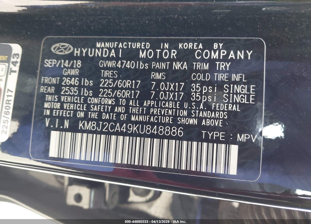 2019 HYUNDAI TUCSON SE VIN: KM8J2CA49KU848886